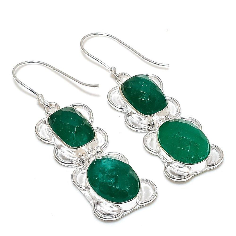 Emerald Natural Gemstone Handmade 925 Sterling Silver Earring 2.29" T6w41