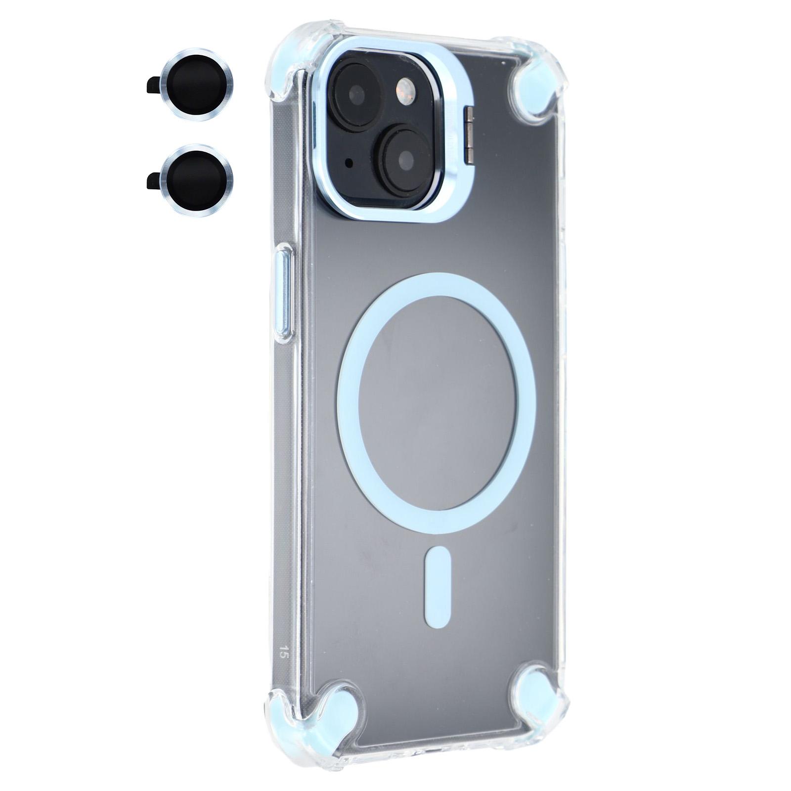 

For iPhone 15 Magnetic Clear Case Shockproof Hybrid Phone Shell with Camera Lens Frame Kickstand Baby Blue