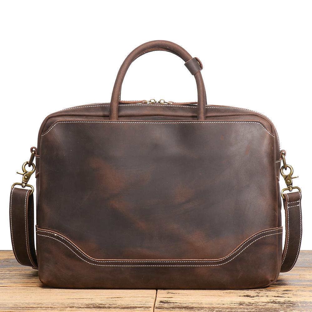 Retro Men'S Genuine Leather Handheld Briefcase Crazy Horse Leather Shoulder Messenger Computer Bag Large Capacity Cowhide Business Bag