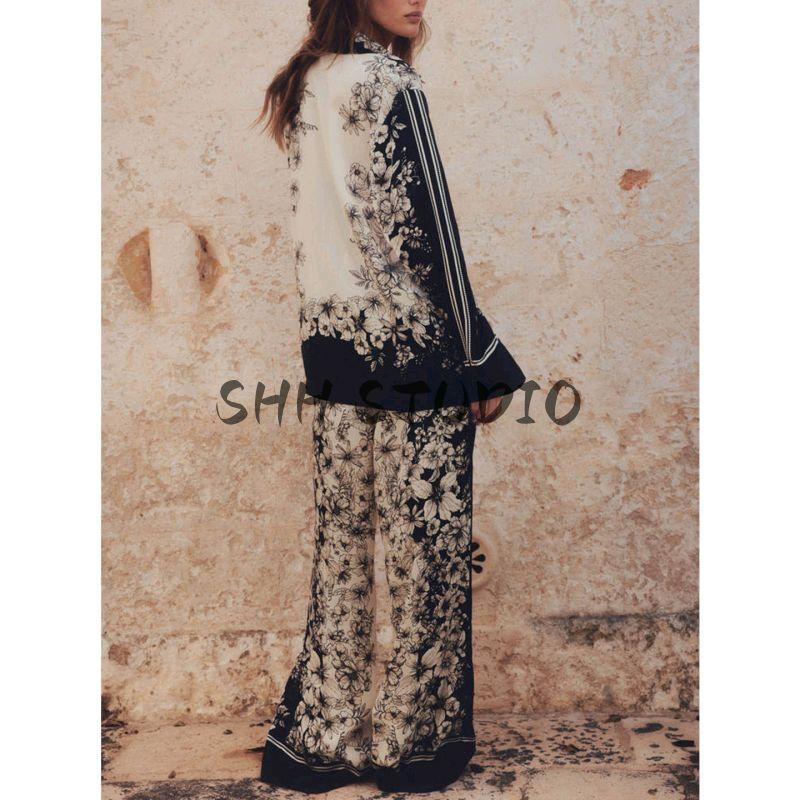 With Collar Long Sleeves Loose Print Long Shirt 1288634 High Waist Straight-leg Print Drawstring Pants 1291026