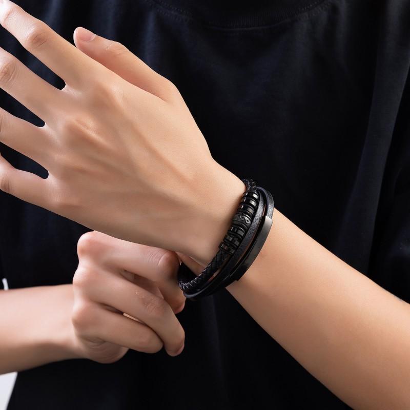 Mens Geometric Stainless Steel Pendant Leather Braided Bracelet Adjustable Wristband Cycling Outdoor Adventure