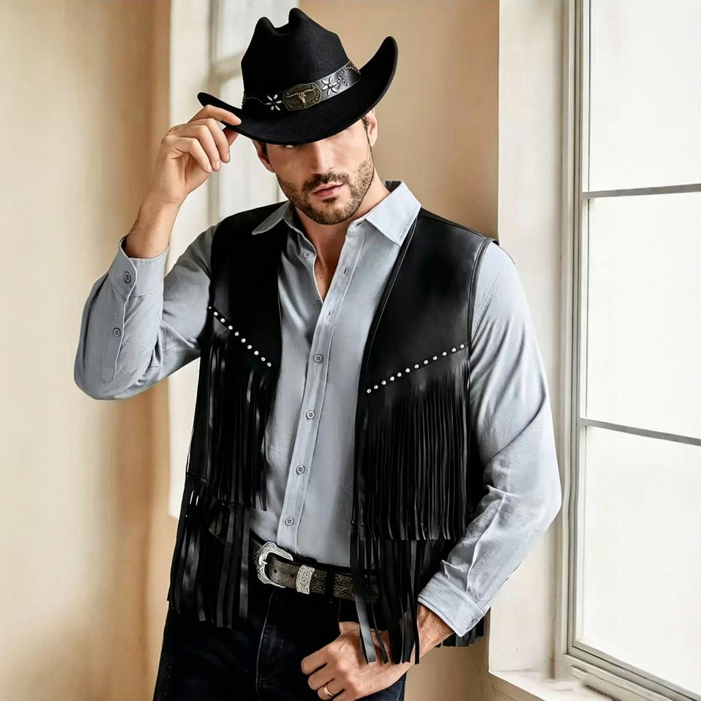 European and American men's western denim style PU leather fringed vest retro slim jacket men's clothing