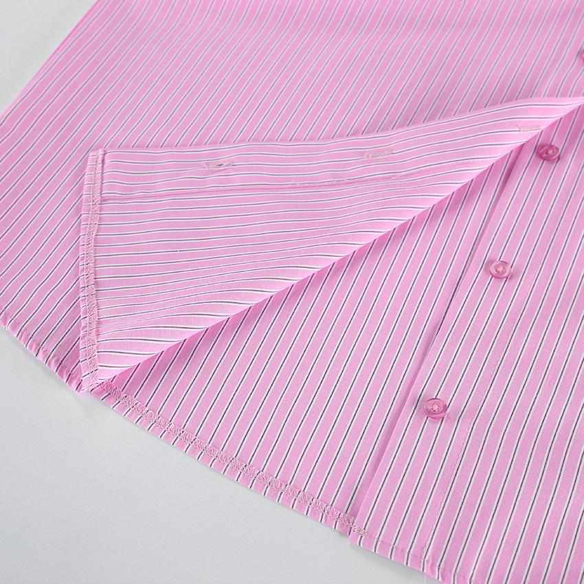 1116 European and American pink striped polyester cotton long-sleeved shirt women's design sense loose casual temperament versatile top