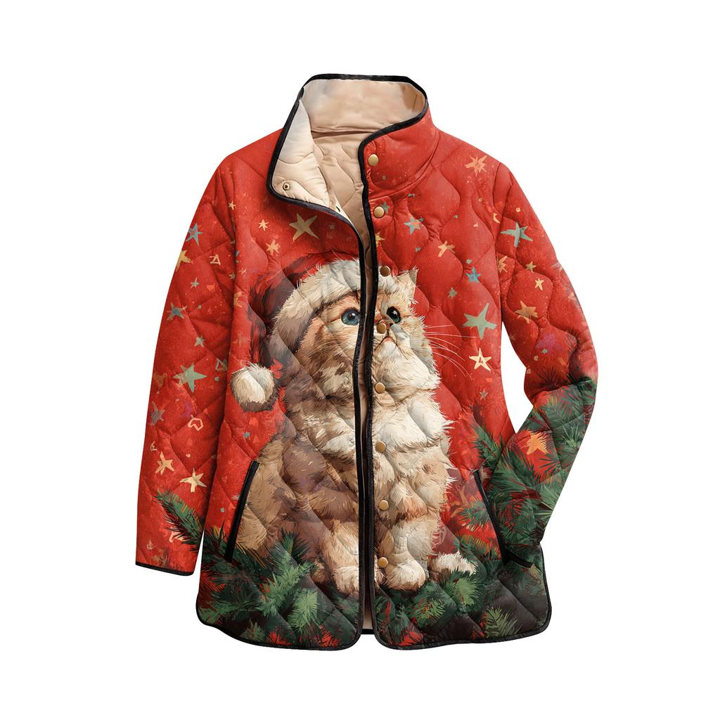 Dámský vánoční potisk s vysokým límcem polstrovaný bavlněný kabát s dlouhým rukávem a zapínáním na knoflíky