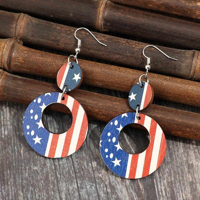1 Pair Stylish Hoop Earrings Patriotic Statement Earrings Wood Texture Perfect for Patriotic Celebrations and Party