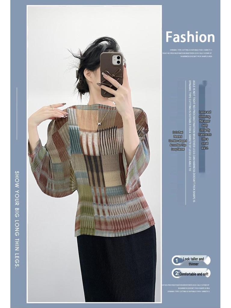 Miyake Pleats Akordeonový Top - Retro Color Block 7-rukávový Ležérní Krycí