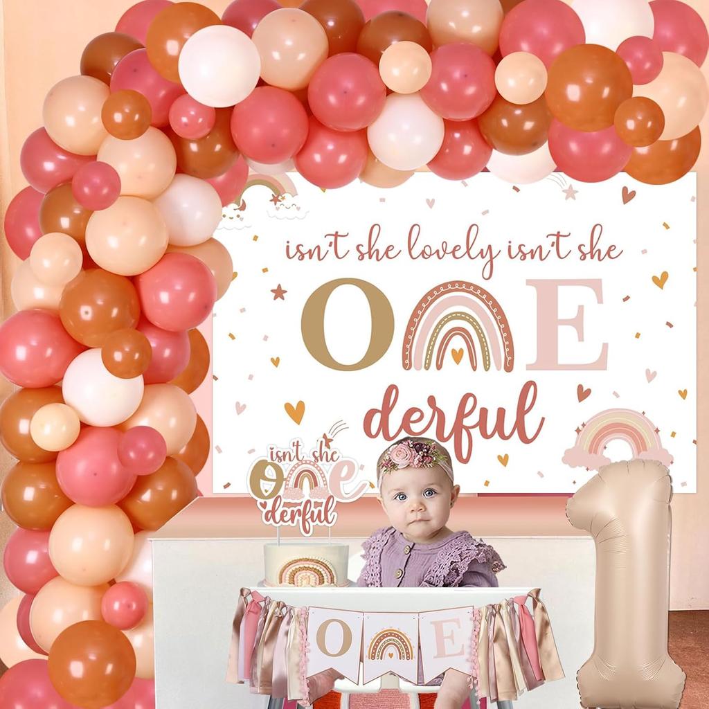 Boho Rainbow 1st Birthday Decorations for Girl, Isn’t She Lovely Isn't She Onederful Backdrop Cake Topper Apricot Pink Balloon Garland Arch Kit
