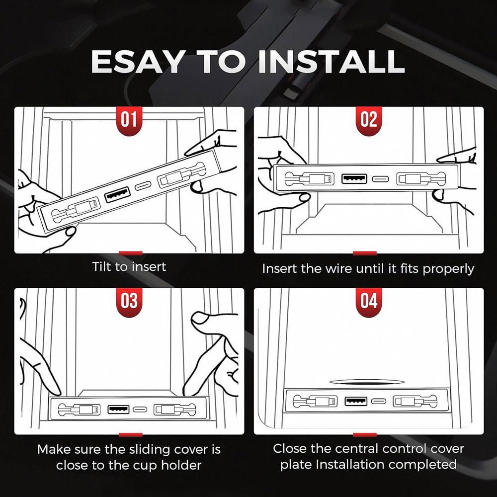 65W USB Hub for Tesla Model Y Juniper 2026 Fast Charger Model 3 Highland Charger Hub 4-Ports Retractable Phone Charger USB Hub