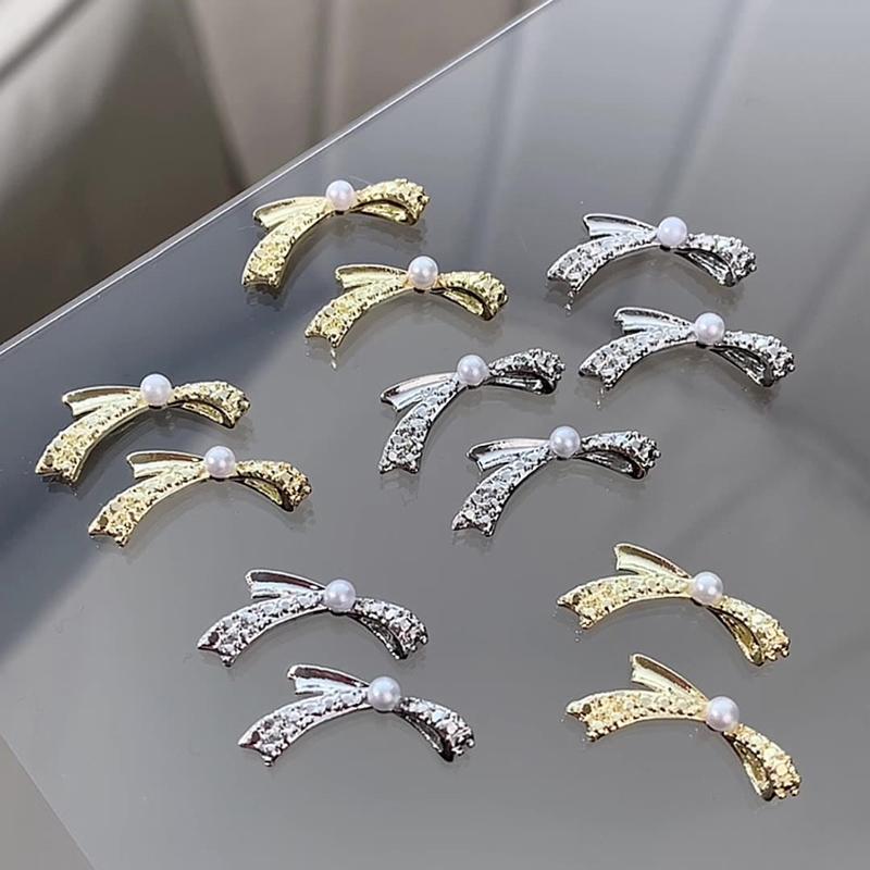5Pcs Vintage Simple Mini Gold And Silver Bow Pearl Inlaid Bowknot Alloy Nail Art Design  Decorations Manicure Charms