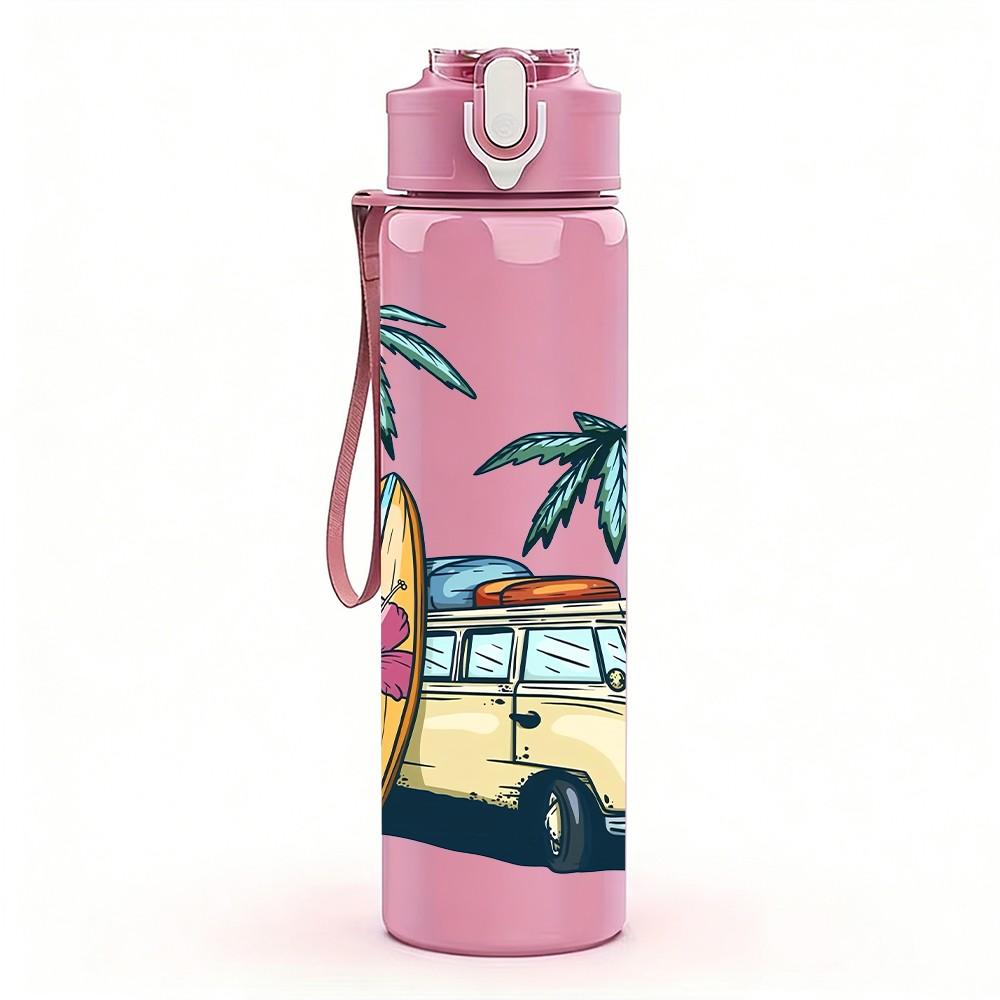 1PC Surf Van Palm Tree Ocean Retro Beach Art 750ml Color Plastic Sports Water Bottle Leakproof Flip Straw Lid Suitable for Sports Office Home Use