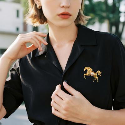 Golden Horse Brooch Faux Pearl Horse Lapel Pin Chinese Zodiac Animal Brooch Pin with Rhinestones for Sweaters Hats Bags Coats
