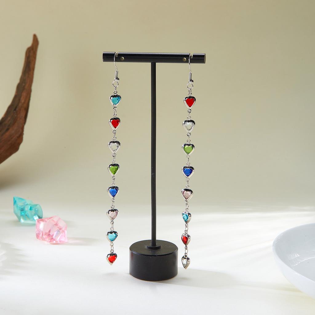 Bohemian Trendy Colorful Love Heart Shape Rhinestone Long Earrings For Women Temperament Crystal Tassel Hanging Earring Jewelry