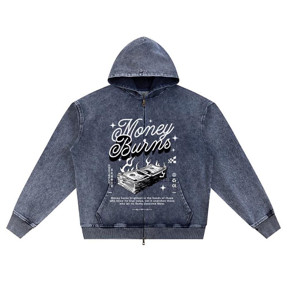 DTG Print Knitted Denim Zip-Up Hoodie Money Burns Brother Print Zipper Hoodies  