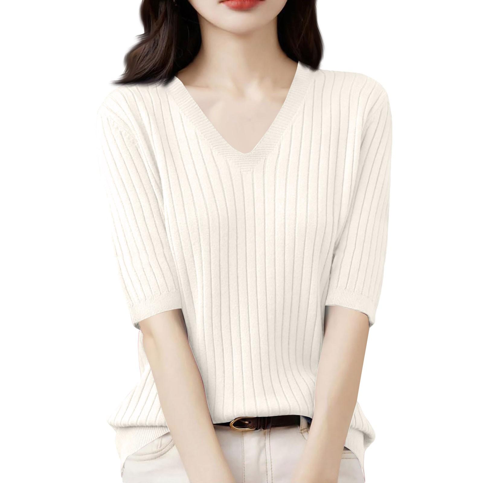 

Женская мода свободный трикотажный свитер нижняя часть рубашки V-образный вырез пуловер короткий рукав однотонный топ L бежевый