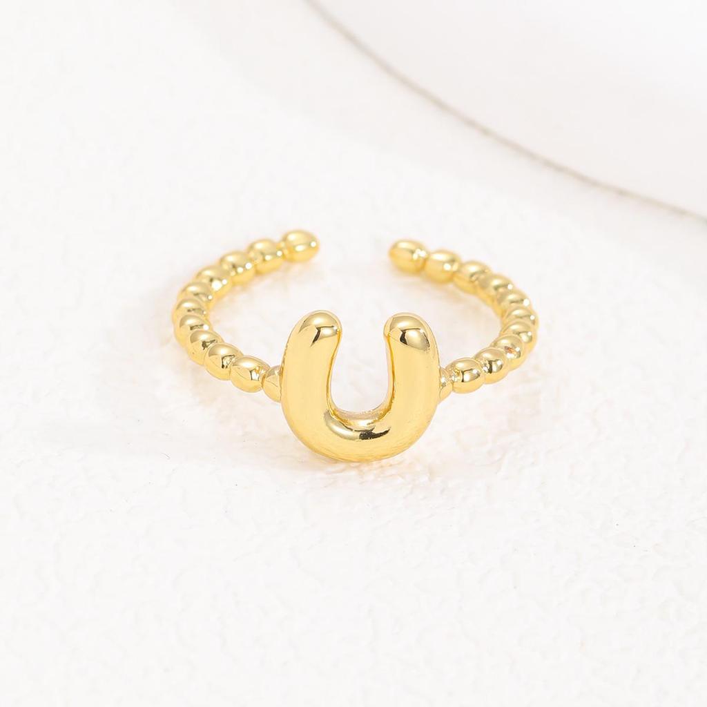 Adjustable 18K Gold Bubble Beaded Open Ring with 26 Alphabet Options