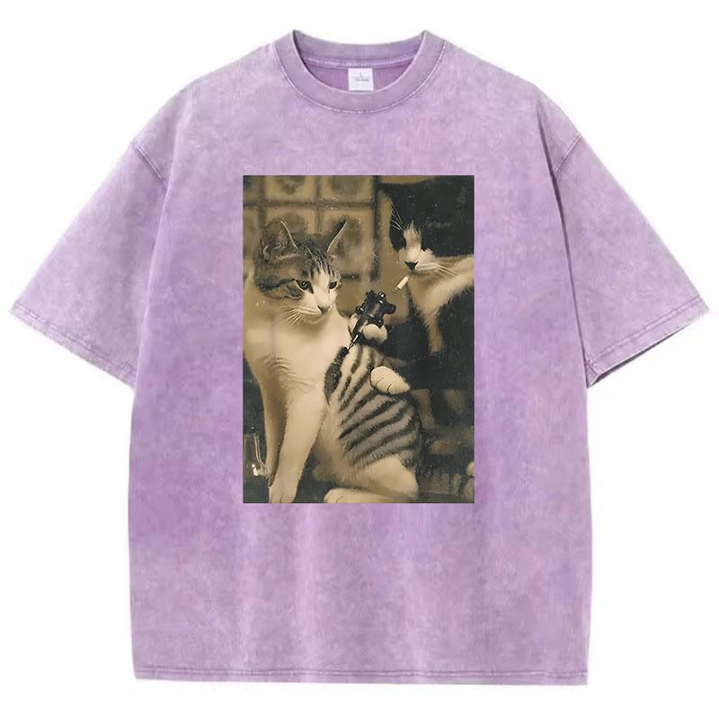 Gewassen Katoenen T-shirt Retro Rokende Kat Ontwerp Geprint Grafisch T-shirt Casual Streetwear Lente Zomer T-shirt Vintage