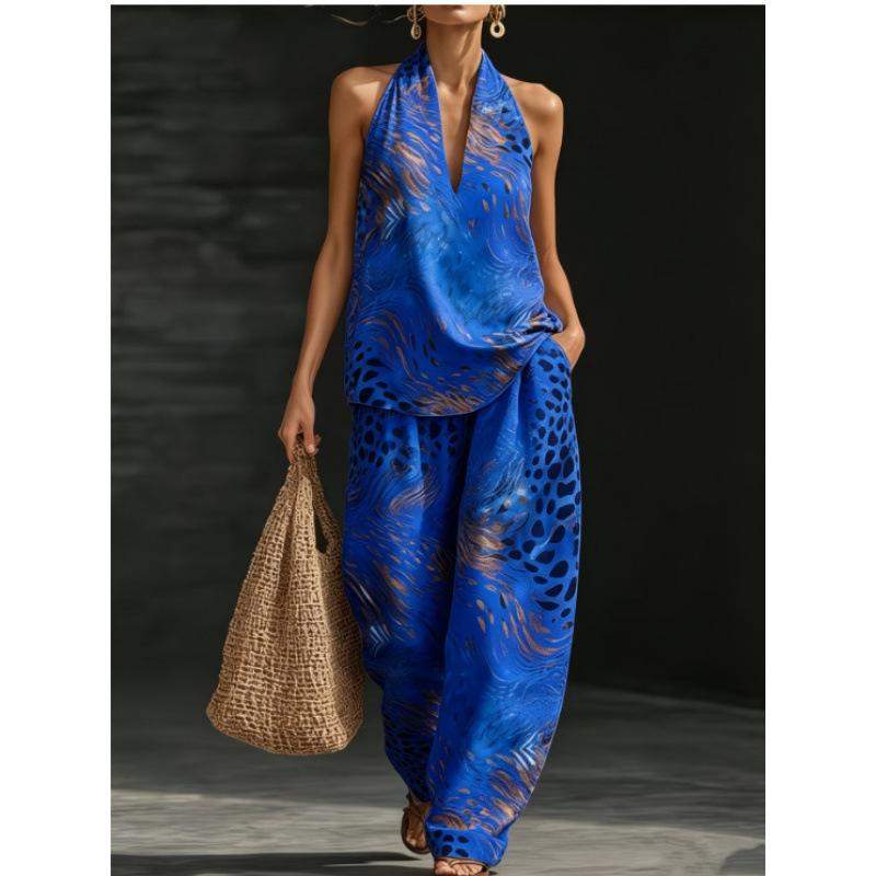 1116 set European and American women's clothing printed neck V-neck sleeveless casual pants set