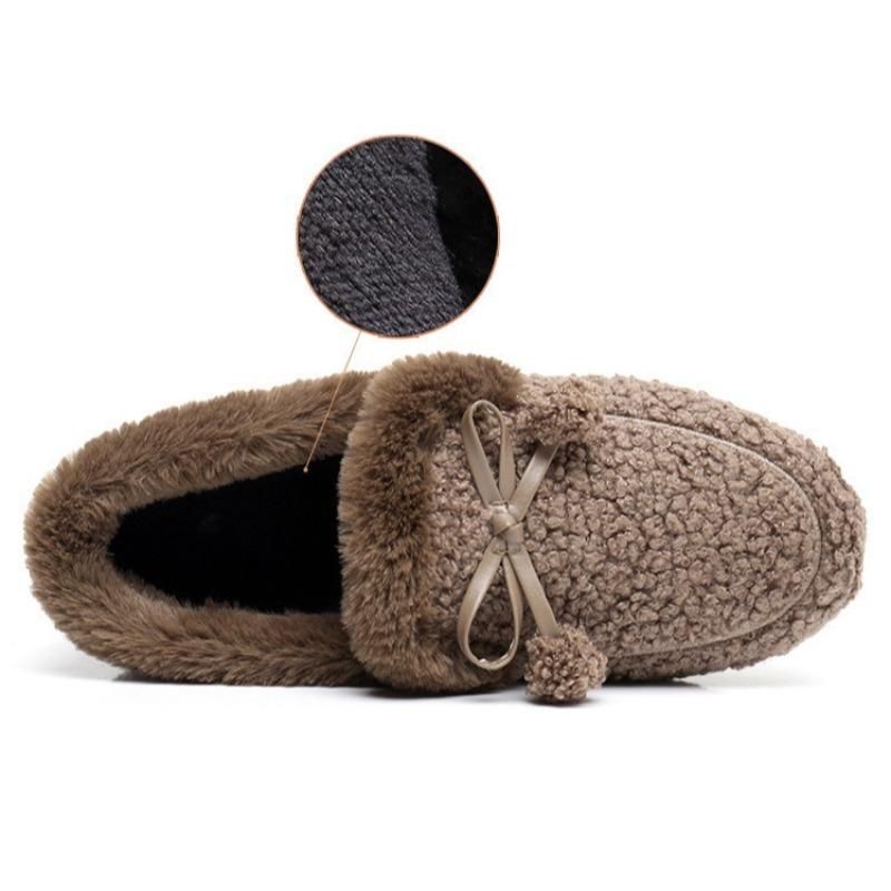Women's Winter Faux Fur Loafers Warm Cozy Slipper with Polar Fleece Lining Non Slip House Shoes for Indoor Outdoor Flat Shoes With Bow-tie for Female