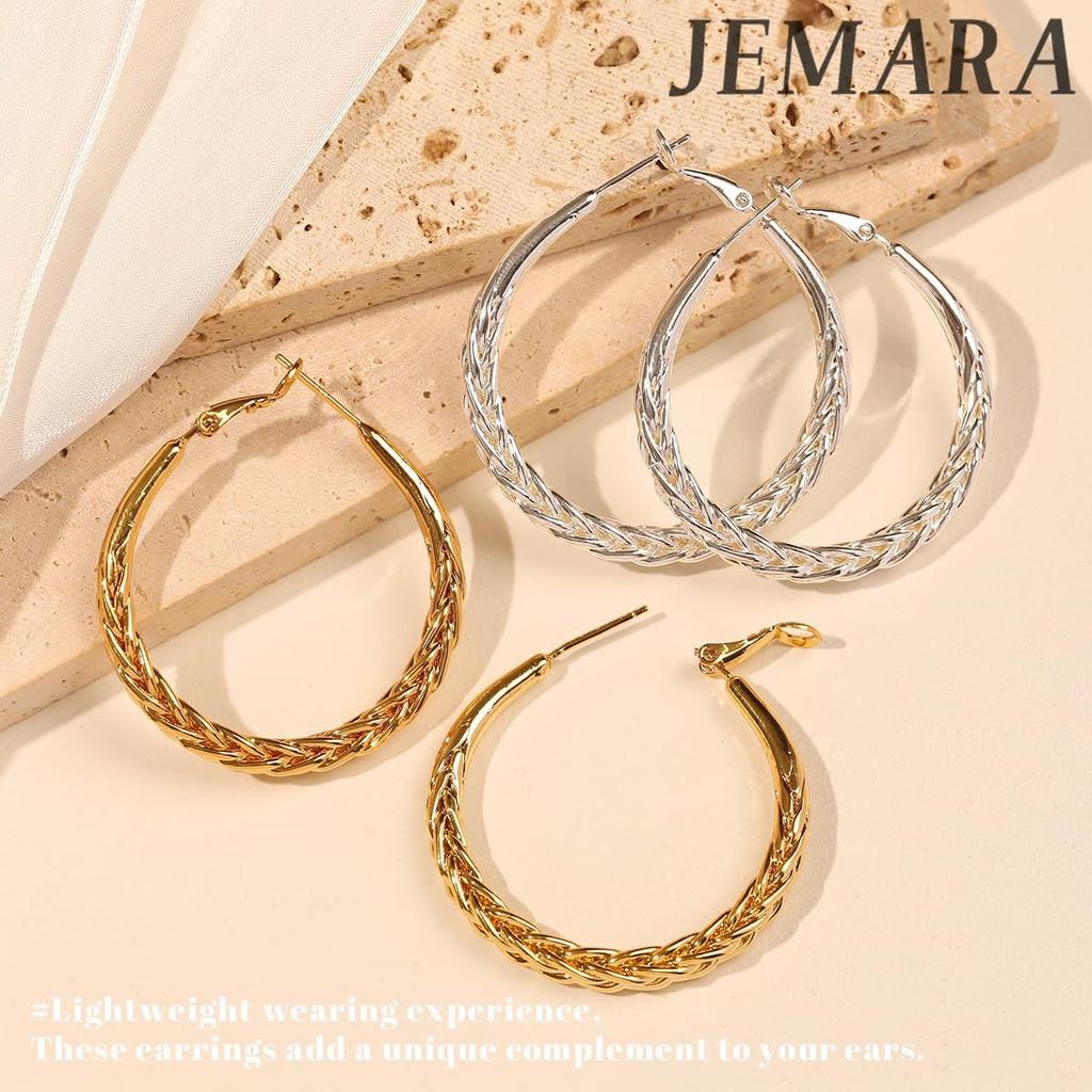 JEMARA Silver Hoop Earrings for Women Trendy Hypoallergenic 925 Sterling Silver Post Hoop Earrings Thick Twisted Large Silver Hoop Earrings