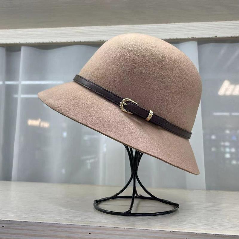 Versatile autumn and winter travel wool woolen basin hat bucket hat women's youth middle-aged and elderly elegant dome leather buckle top hat