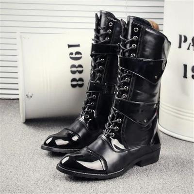 Mens Knight Boots  Mid Leg Patent Leather Boots Long Military Boots for Man Waterproof Work SHoes Male Winter Platform Boot