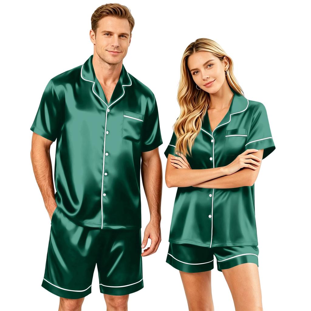 Couples Satin Pajama Set Short Sleeve Button Down Shirt and Shorts Sleepwear Soft Lightweight Loungewear S-XXXXL