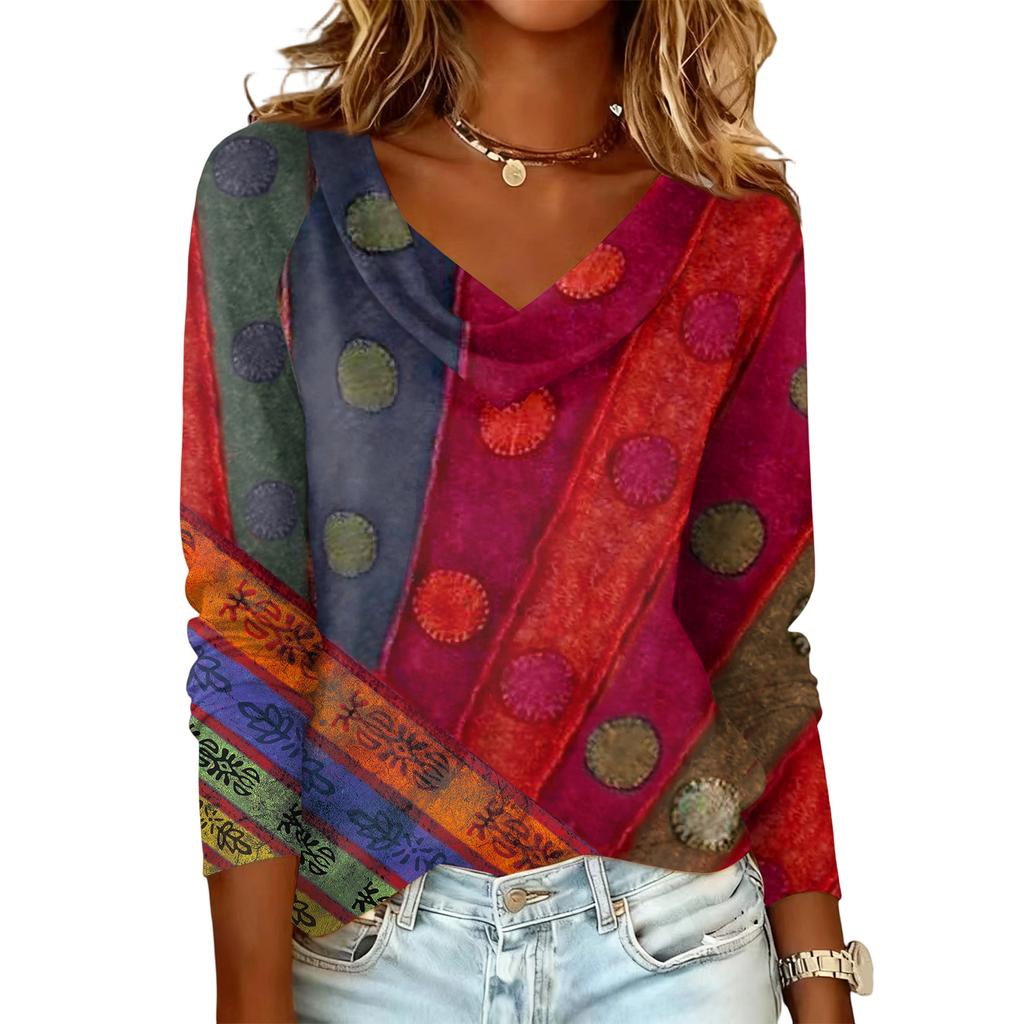 Ladies' Floral Printed Casual And Fashionable Long Sleeved Pullover Top