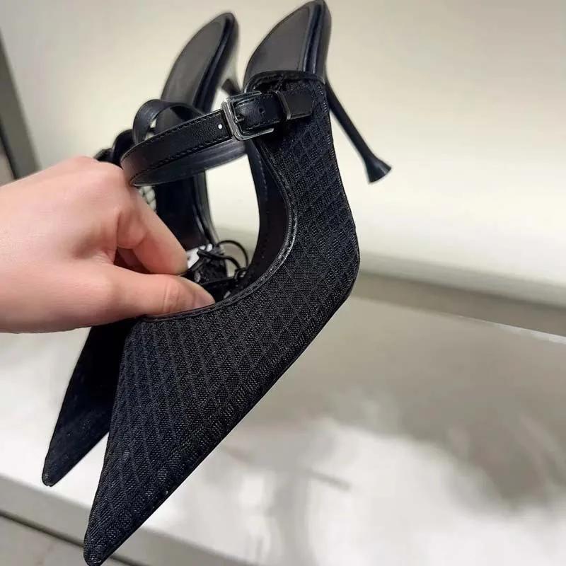 Fashion High Heels Mules Shoes for Laides Sexy Pointed Toe 2025 Summer Stilettos Black Hollow Breathable Mesh Vintage Women's Sandals