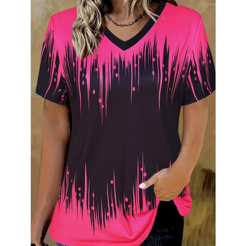 T-shirt Women's Summer Casual Elegant V-neck Short-sleeved Gradient Top Loose Casual Wear Ladies T-shirt