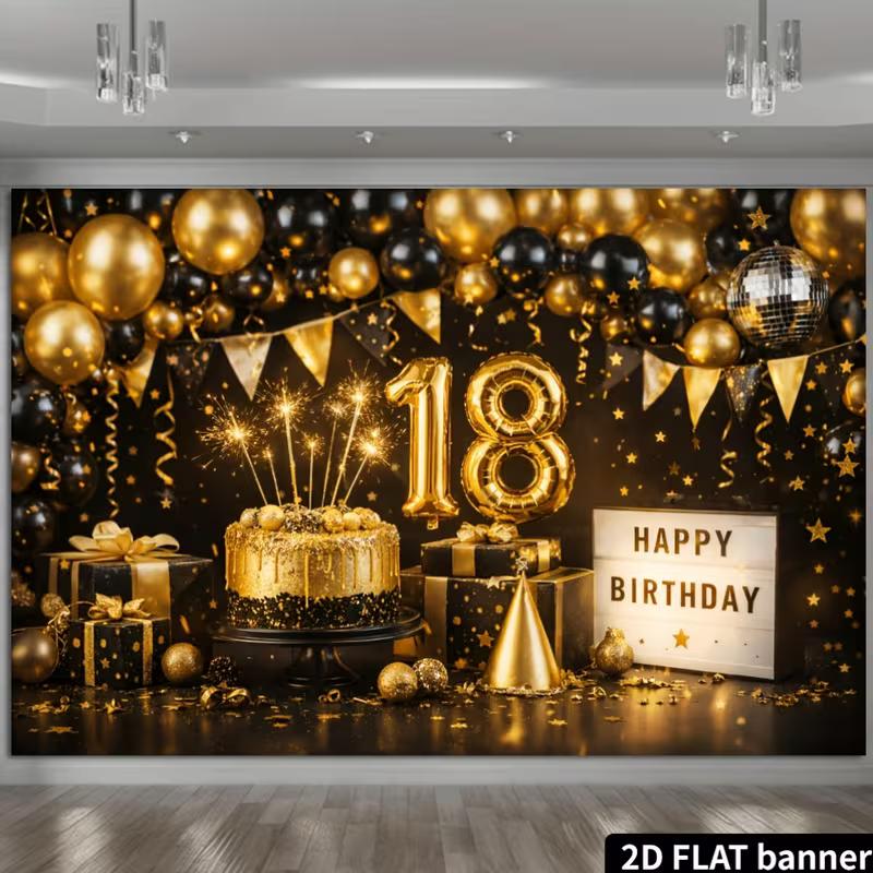 Sfondo 2D Nero Oro 18° Buon Compleanno Sfondo Fotografico Decorazione Festa