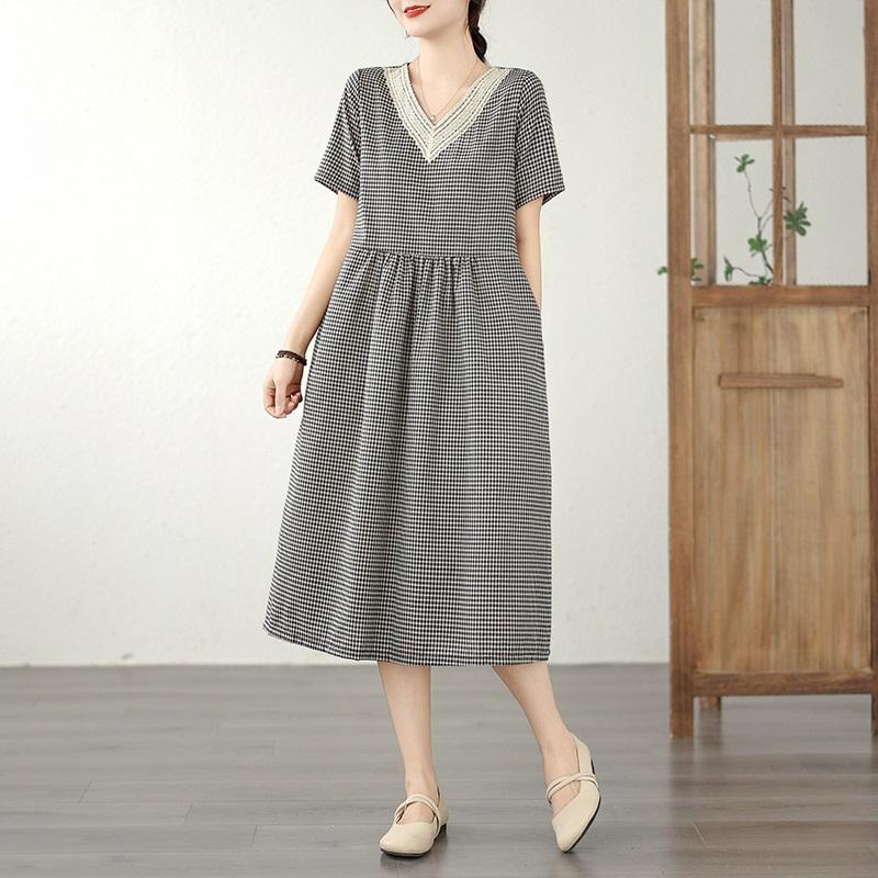 Short Sleeve Plus Size Cotton Lace Vintage Plaid New In Dresses for Women Casual Loose Long Summer Dress
