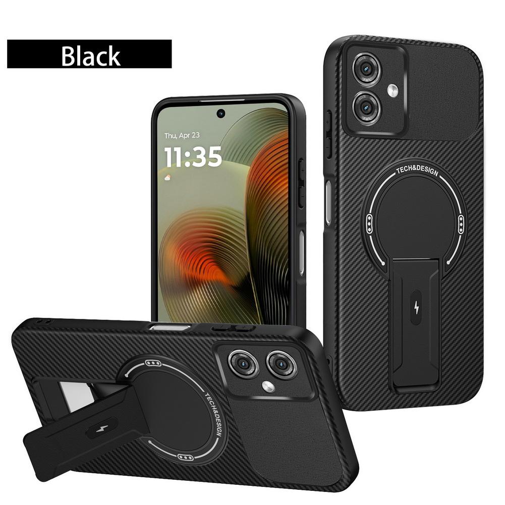 

Чехол из углеродного волокна с невидимой подставкой и встроенным магнитным кольцом для Moto G35 G55 G75 G85 G54, защитная крышка для камеры Motorola Moto G75 чёрный