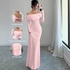 2026 Spring Women's Clothing One-Word Shoulder Shrinking Tight Body Fashion Elegant Hip Wrap Long Evening Dress Dress