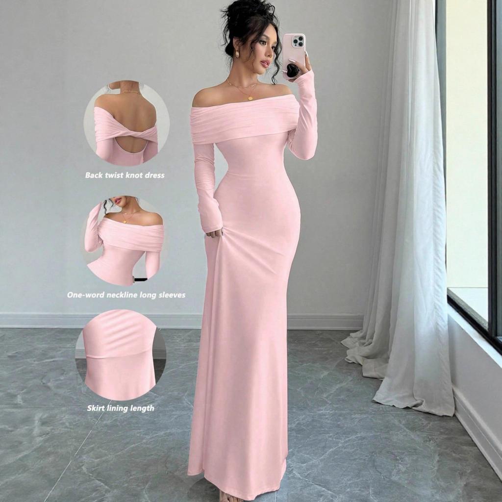 2026 Spring Women's Clothing One-Word Shoulder Shrinking Tight Body Fashion Elegant Hip Wrap Long Evening Dress Dress