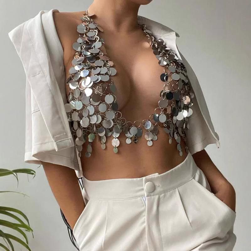 European & American Silver Sequin Halter Top & Body Waist Chain