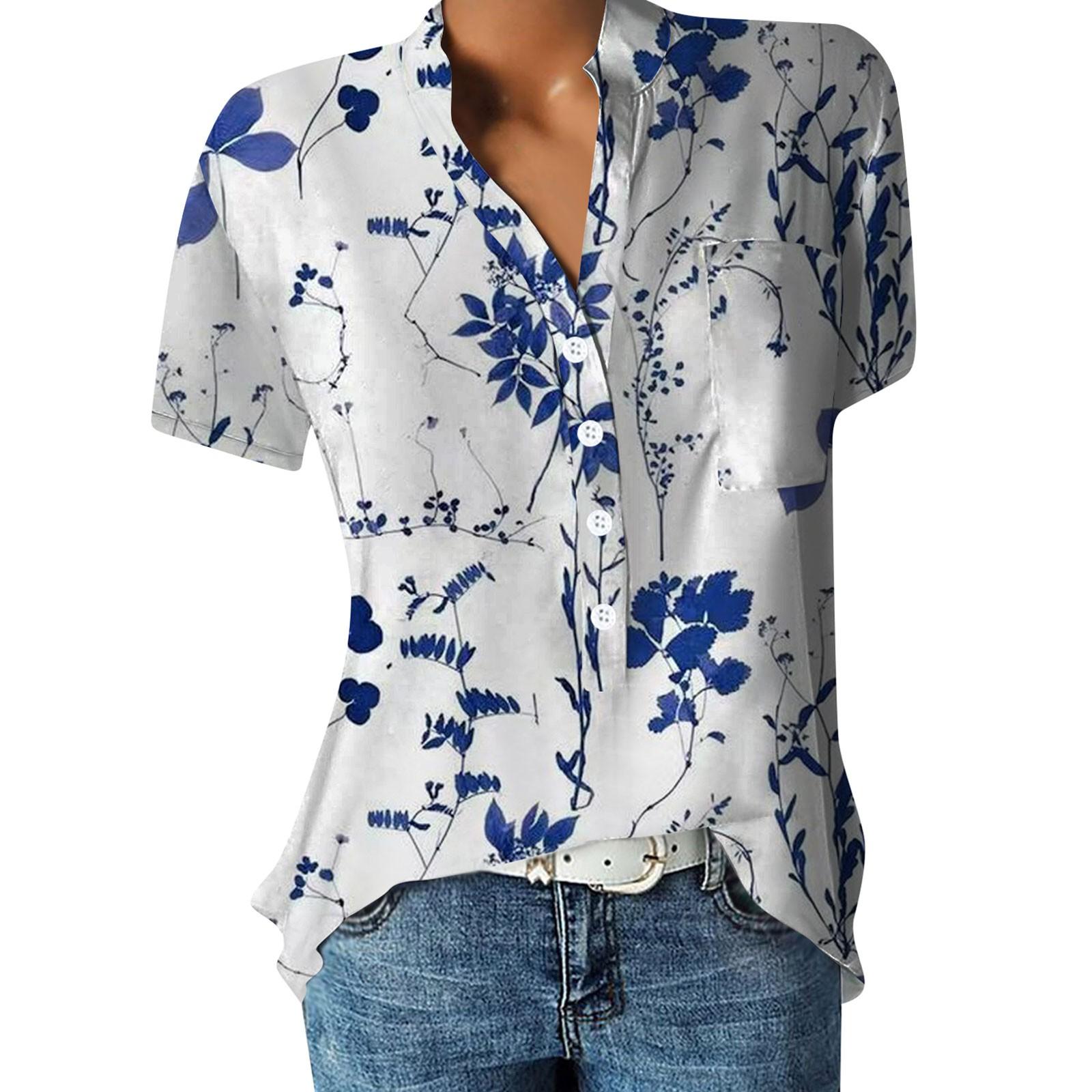 

Жіноча повсякденна сорочка з принтом і короткими рукавами M темно-синього кольору