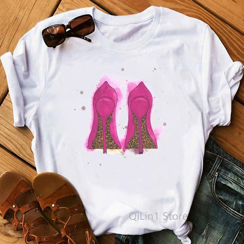 New Women's T-Shirt Pink High Heel Top Female T Shirts Lady Luxury Make Up Paris Style Shirt Harajuku Summer Tops Short Clothes