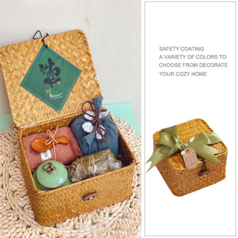Cesto portaoggetti intrecciato con alghe, cesto regalo per matrimonio occidentale con coperchio, scatola portaoggetti intrecciata in vimini di rattan