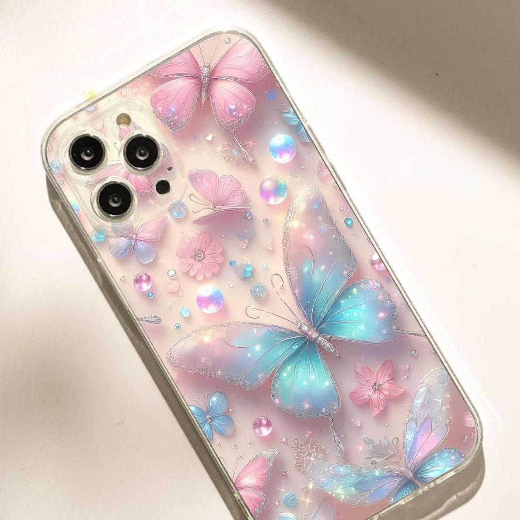 Powder Blue Butterfly Anti-Drop Transparent Case for iPhone 14/15/16/17 Pro Max