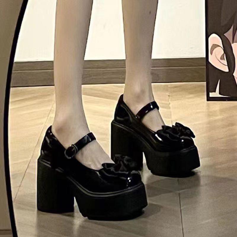 Fashion Bow High Heels Small Leather Shoes Women's Spring and Summer New Thick Heel with Skirt Mary Jane Single Shoes