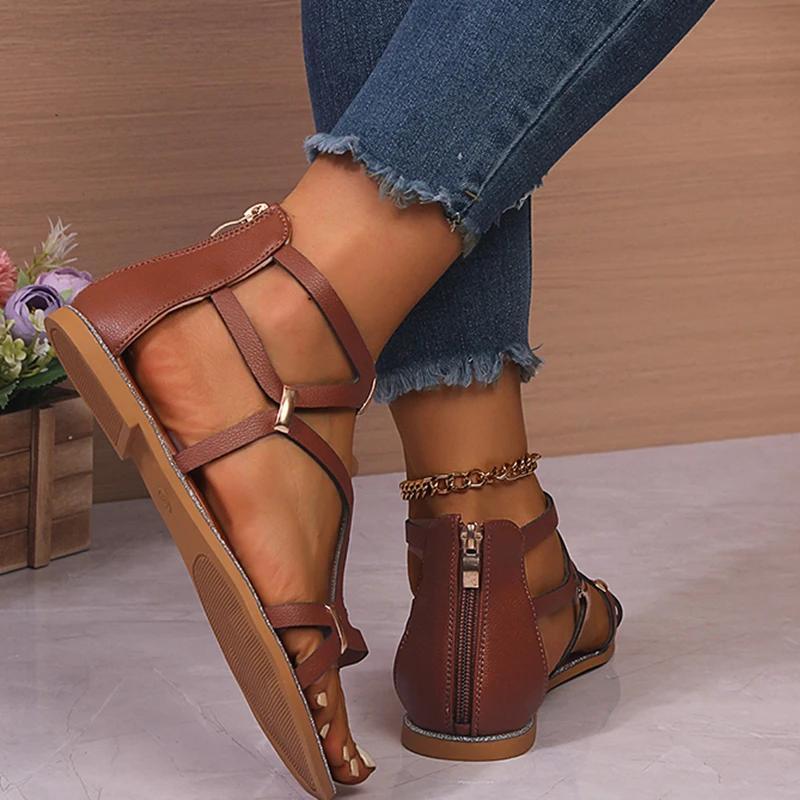 Fashion Summer Fashion Rivet Decor Sandals Women Roman Narrow Band Bao Heel Sandal Ladies Vacation Beach Open Toe Flat Sandalias Mujer