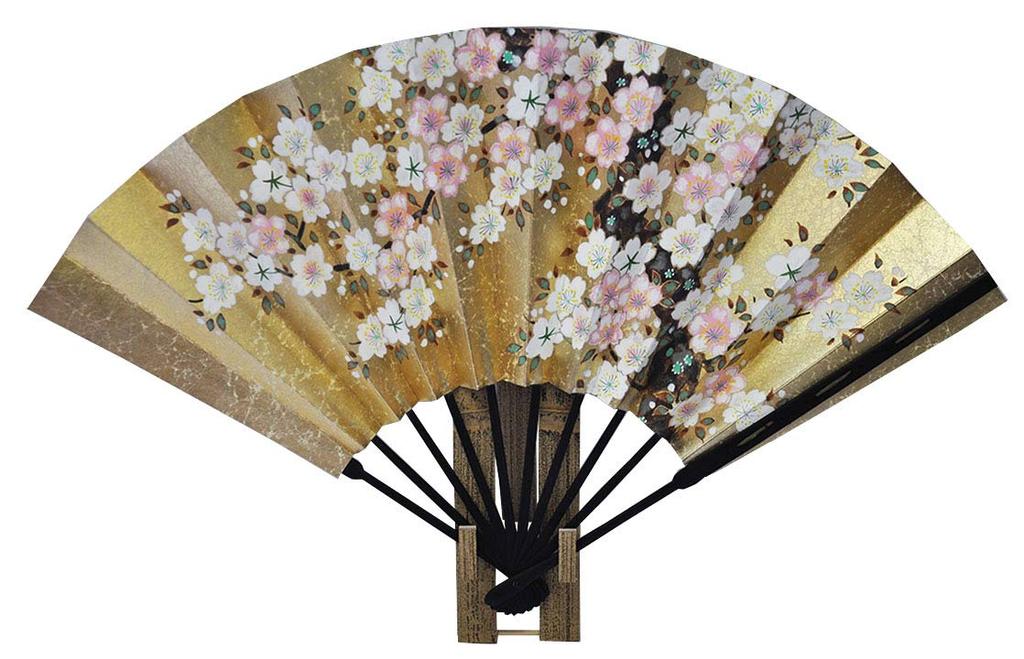 Kyoto Fan Reversible Decorative Fan, Yamabuki-himeSakura, with Fan Stand, Boxed.