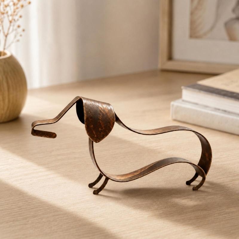 Open-Frame Wiener Dog Sculpture In Metal with a Mottled Aged-Look Finish for Indoor Cabinets, Shelves, and Desktops