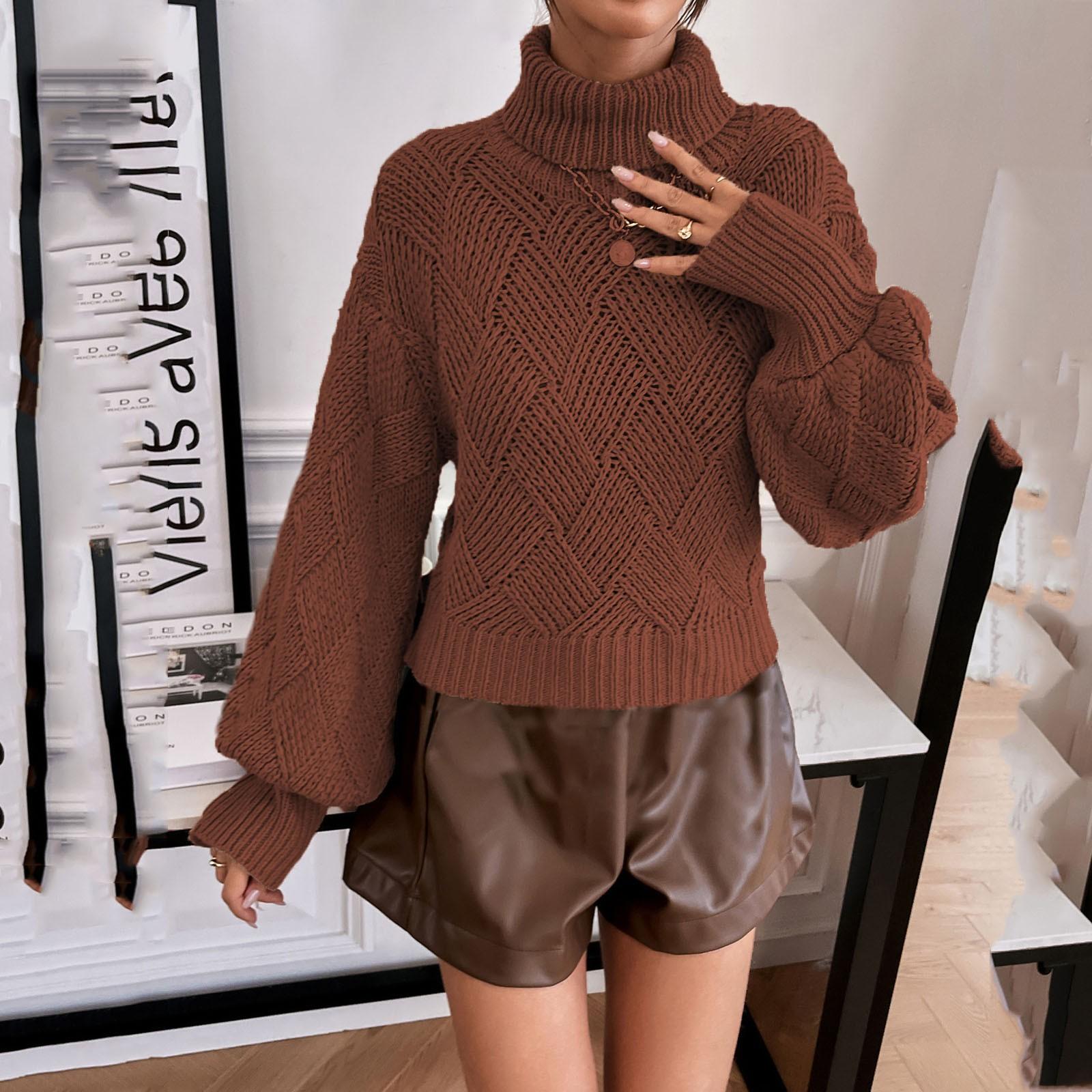 

Женская мода повседневный вязаный пуловер с пышными рукавами и высоким воротом, свитер с длинными рукавами S кофейный