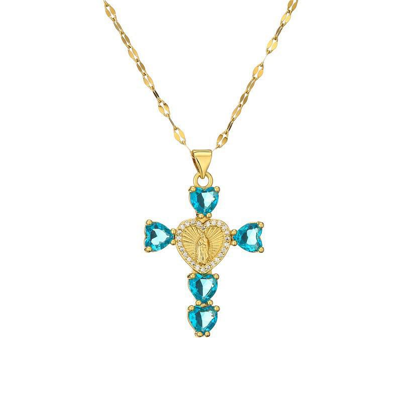 Gold-Plated Multi-Color Zirconia Cross Necklace with Full Diamond Design