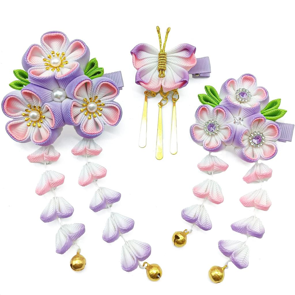 JZOON Hair Ornament Gradient Design with Perfect for and Other Japanese Graduation and Handmade with Cherry and H5106 3-Piece Set, Tsumami-zaiku Trim,