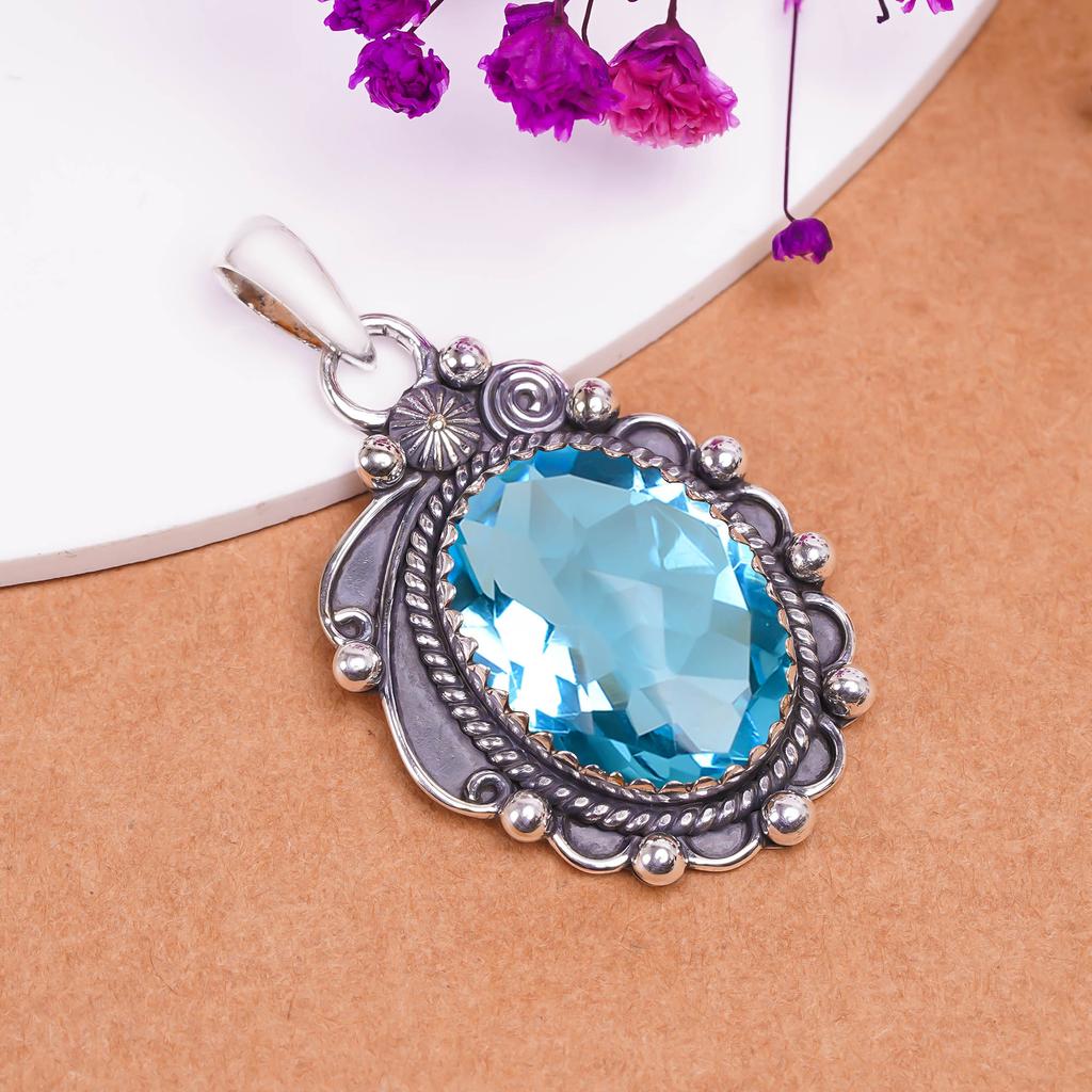 Blue Topaz 925 Sterling Silver Pendant V8276, Blue Pendant, Oval Pendant, Valentin's Day Gift, Gift For Her, Birthday Gift, Handmade Jewelry, Silver J