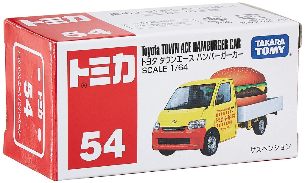 TAKARA TOMY """Tomica Nr""". 54 Toyota Town Ace Samochód Hamburger (W pudełku)"""Miniaturowy samochodzik dla dzieci w wieku 3 lat i starszych, w pudełku, Spełnia normy bezpieczeństwa zabawek, Znak ST,"""