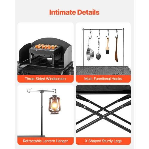 VEVOR Camping Kitchen Table, Outdoor Camp Cooking Table, Aluminum Portable Cook Station with 3 Storage Cupboard, Carrying Bag, Detachable Windscreen