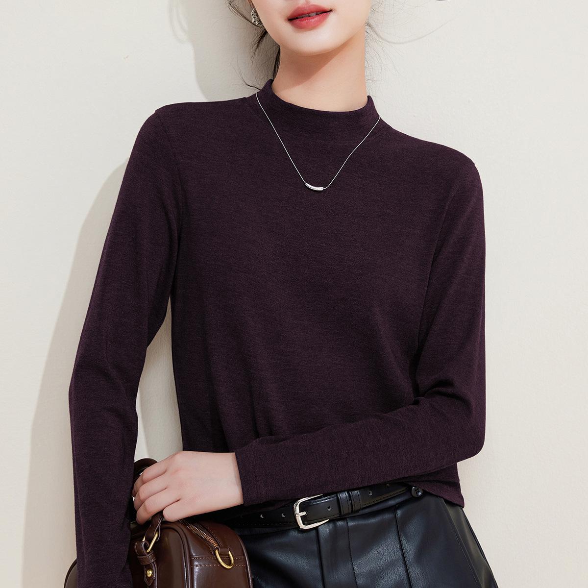 

Middle collar Ankela red bottoming shirt for women, summer and autumn long-sleeved women s slim-fitting top inside and outside M